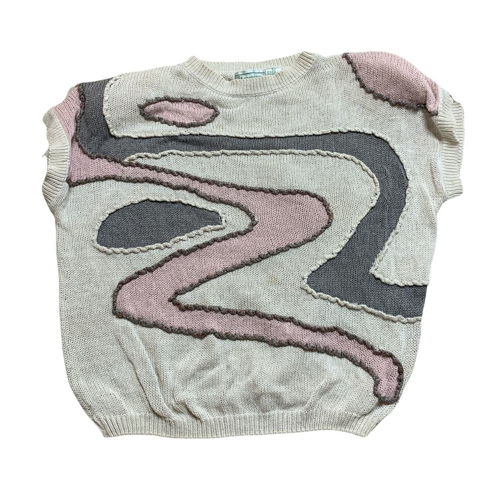 Shenanigans Vintage Retro Swirl Print Knit Short Sleeve Sweater Large Silk Blend